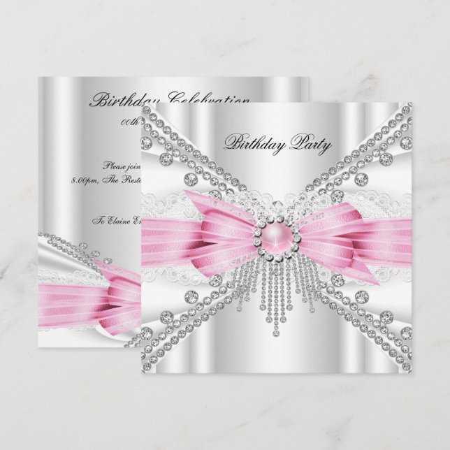 Elegant vit silver rosa diamant födelsedagsfest inbjudningar (Fram/baksida)