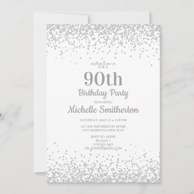 Elegant vit silverglitter 90-årsdag inbjudningar (Framsida)