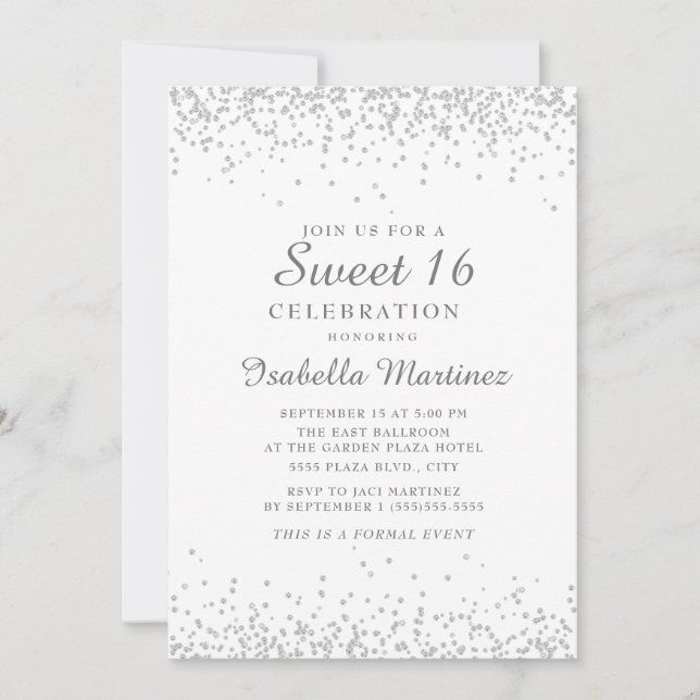 Elegant vit silverglitter Sweet 16 Inbjudningar (Framsida)