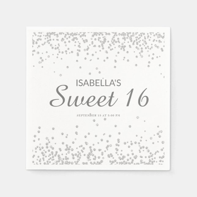 Elegant vit silverglitter Sweet 16 Namn Pappersservett (Framsidan)