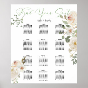Elegant vit sittbruksdiagram för bröllop med blomm poster
