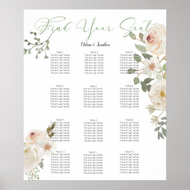 Elegant vit sittbruksdiagram för bröllop med blomm poster (Framsidan)