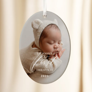 Elegant vit skrift Baby's First Christmas Foto Julgransprydnad Keramik