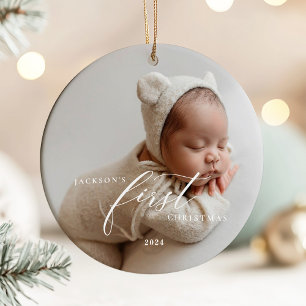 Elegant vit skrift Baby's första jul fotot Julgransprydnad Keramik