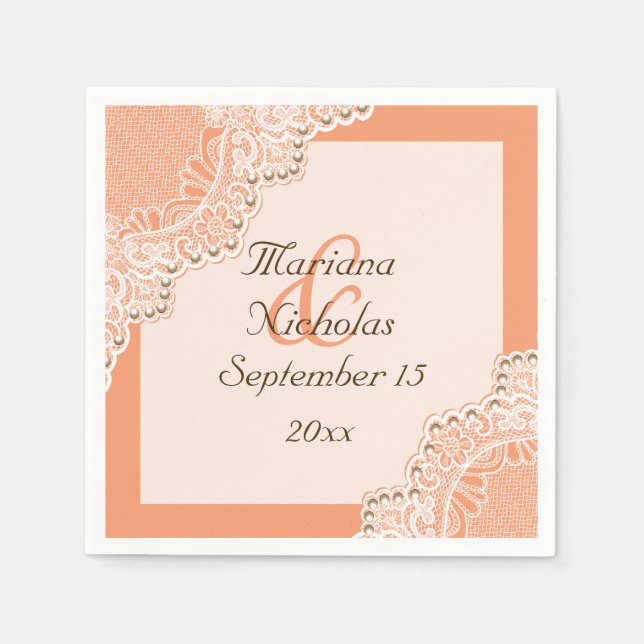 Elegant vit snöre och pärlkorall orange bröllop pappersservett (Framsidan)