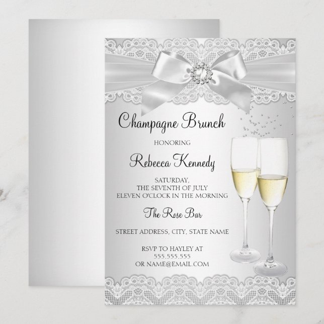 Elegant vit spets Champagne Brunch-inbjudan Inbjudningar (Fram/baksida)