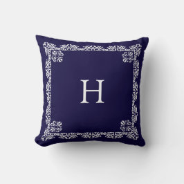 Elegant vit spetsvektor och monogram på marinblått kudde