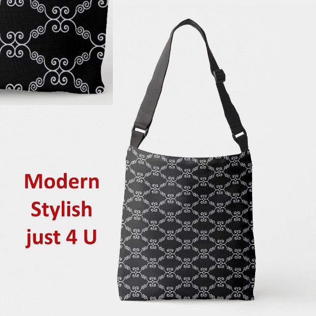 Elegant, vit spiral-vektor mönster på svart axelväska (Skapare uppladdad)