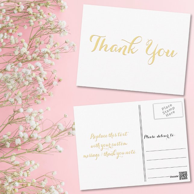 Elegant vit stilfull falsk guldskrift tack vykort (Elegant White Stylish Faux Gold Script Thank You Postcard)