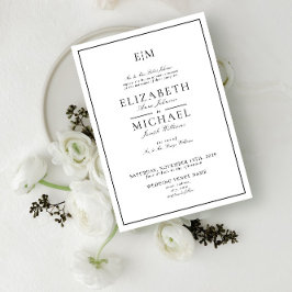 Elegant Vit Svart Klassisk Monogram Bröllop Inbjudningar