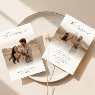 Elegant vit svart skript överläggs foto bröllop inbjudningar