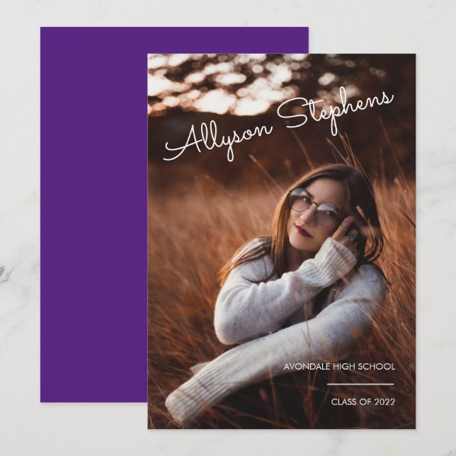 Elegant vit text fotograduation i lila meddelande (Fram/baksida)