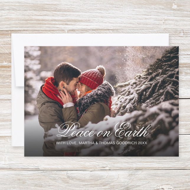 Elegant vit text Fred på jorden gradient foto Julkort (Simple, classy christmas photo card "Peace on Earth" with elegant, festive white script typography.)