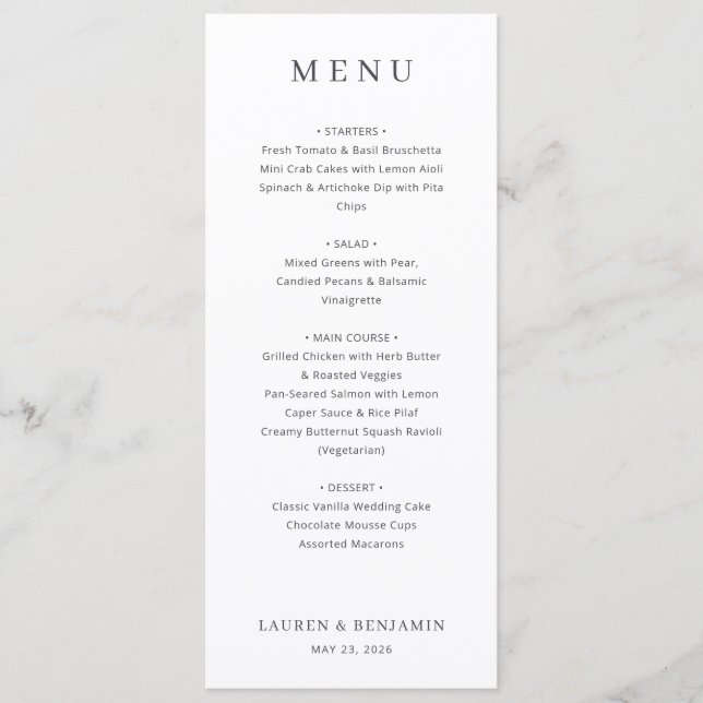 Elegant vit typografisk meny (Framsida)