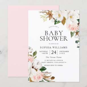 Elegant , vit vattenfärgsblomma, babykläder inbjudningar