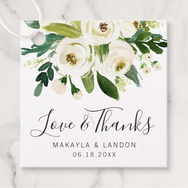 Elegant Vit vattenfärgsBlommigt Greenery Bröllop Gåvor Etiketter (Framsida)