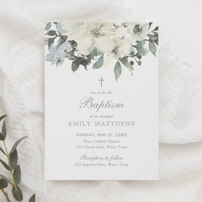 Elegant Vit vattenfärgsblommor Greenery Baptism Inbjudningar (Skapare uppladdad)