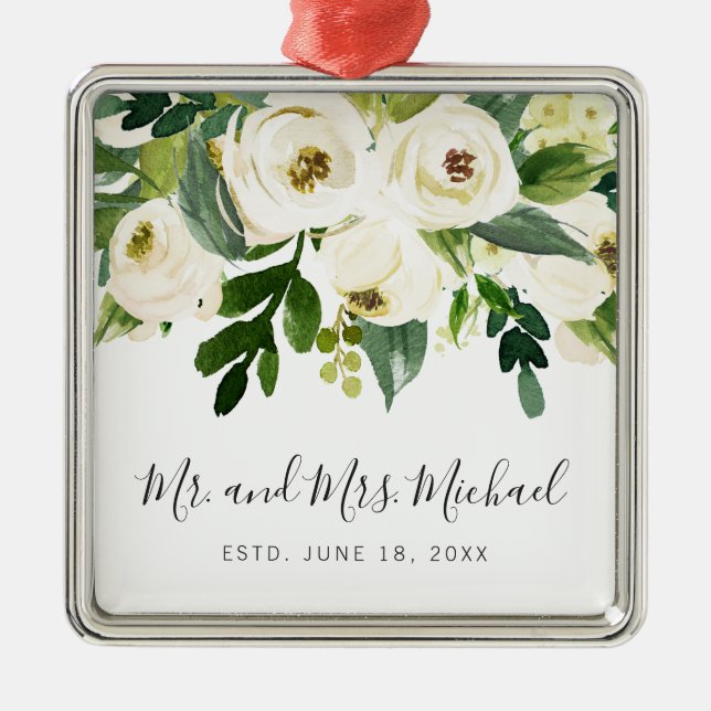 Elegant Vit vattenfärgsfärg, Blommigt och Bröllop Julgransprydnad Metall (Framsidan)