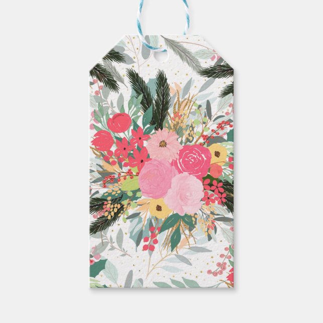 Elegant Vit Vinter-Blommigten och Guld Glitter-pun Presentetikett (Framsidan)