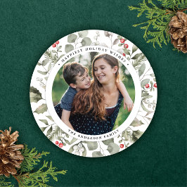 Elegant Vit vinter Greenery Wandeine Photo Round Julkort
