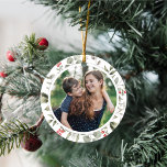 Elegant Vit vinter Greenery Wandey 1 Foto Julgransprydnad Keramik<br><div class="desc">Den här eleganten och den vackra helgdag av prydnadsföremål har en vacker vattenfärgutandning av holly,  eukalyptus och bär över en klassisk vit bakgrund. Fotoklippet är runt. Den redigerbara hälsning på baksidan säger "God jul" med ditt eget personlig-meddelande. Dessa vackra helgdag är en fantastisk gåva till familj och vänner.</div>