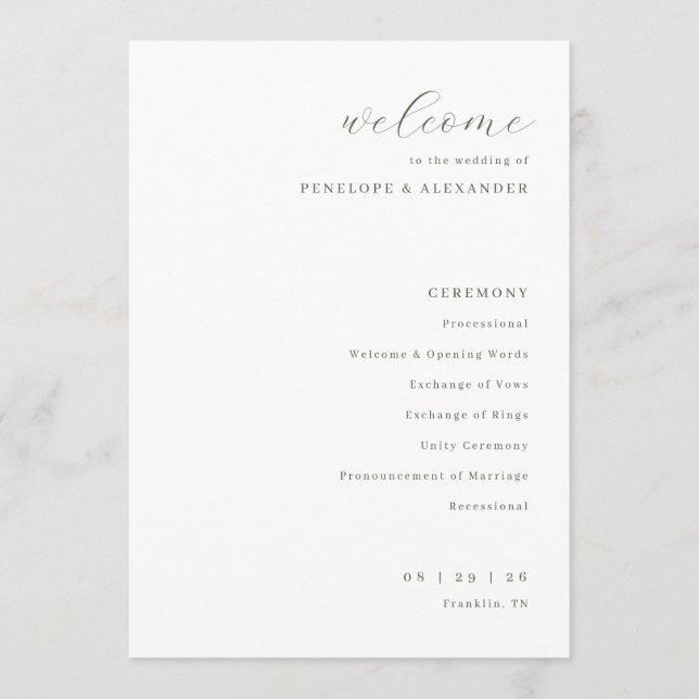 Elegant vit wedding-ceremoni program (Framsida)