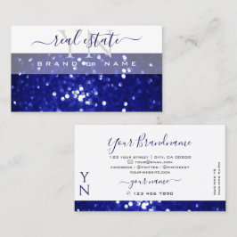 Elegant Vita blå mousserande Glitter med Monogram Visitkort