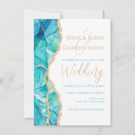 Elegant Vita blåa Guld Glitter Vattenfärgen Bröllo Inbjudningar