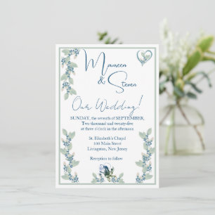 Elegant Vita, Blått och Grönt Blommigt Bröllop Inbjudningar