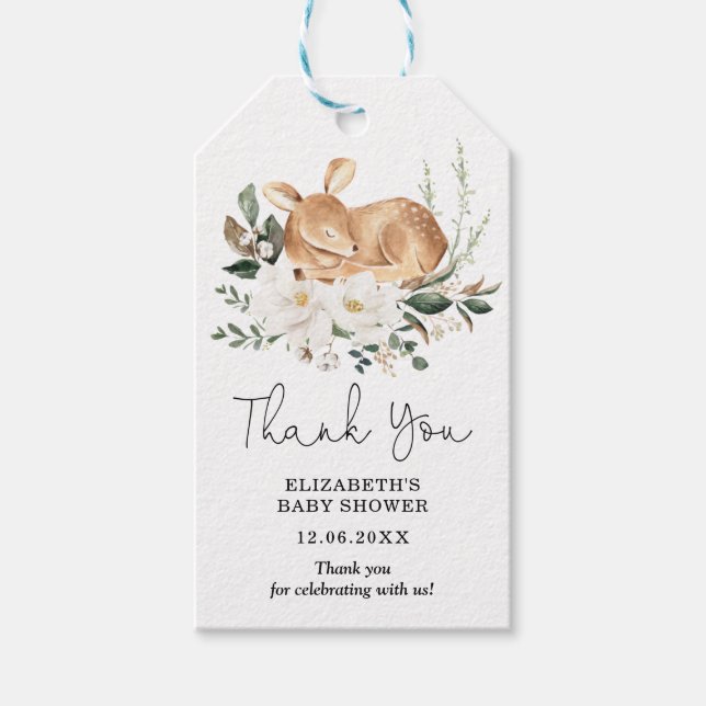 Elegant Vita Blommigten Spipande Forest Hjort Baby Presentetikett (Framsidan)