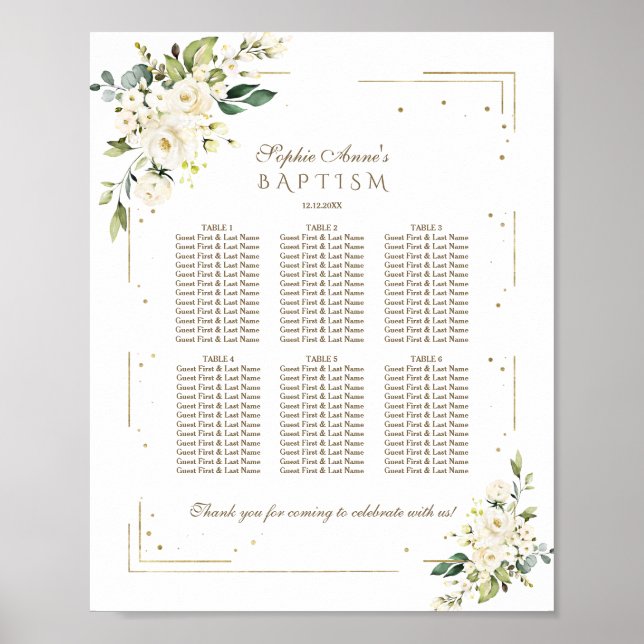Elegant Vita blommor Guld Baptism Sittdiagram för Poster (Framsidan)