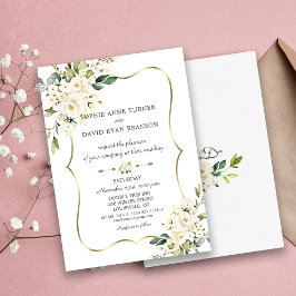 Elegant Vita blommor Guld Ram Bröllop Inbjudningar
