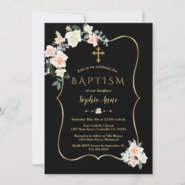 Elegant  vita blommor Guld Svartvit baptism Inbjudningar (Framsida)