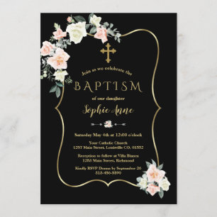 Elegant vita blommor Guld Svartvit baptism Inbjudningar