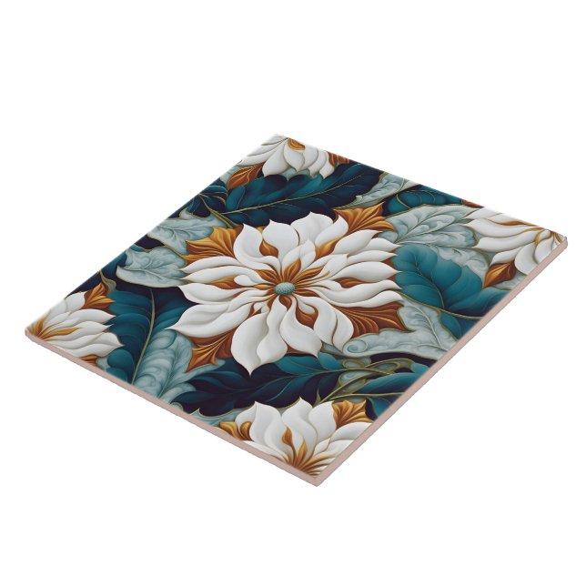 Elegant Vita blommor med Teal Löv i Bloom Kakelplatta (Sidan)