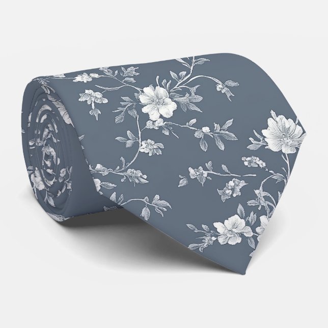 Elegant vita blommor på blåhalshögarna slips (Rullad)