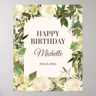 Elegant vita blomstermotiv och blad Lycklig Födels Poster