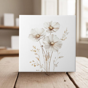 Elegant, vita cosmos blommor faux guld kakelplatta