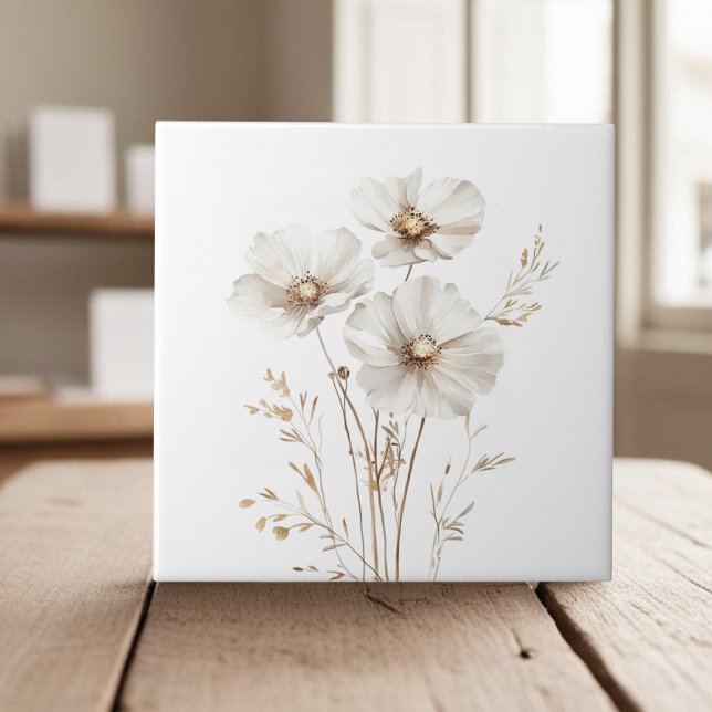 Elegant, vita cosmos blommor faux guld kakelplatta (Skapare uppladdad)