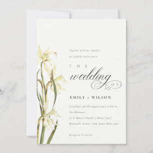 Elegant Vita Daffodil Watercolor Bröllopsinbjudan Tack Kort