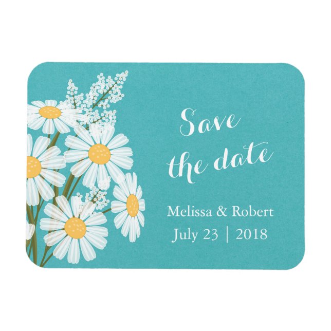 Elegant Vita Daisy Teal Save Date Bröllop Magnet (Horisontell)