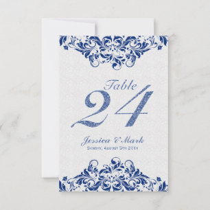 Elegant vita damast & marinblå blomster spets inbjudningar