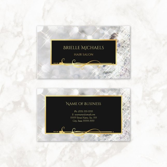 Elegant Vita diamanter Guld Filigree Hair Salon Visitkort (Elegant White Diamonds Gold Filigree Hair Salon Business Cards)