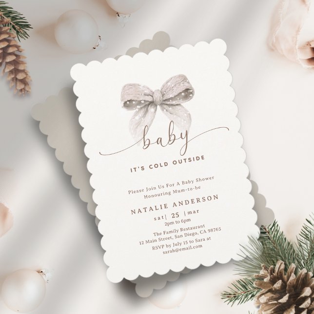 Elegant Vita fack Det är Kall utanför babyskor Inbjudningar (Elegant White Bow It's Cold Outside Baby Shower Invitation)