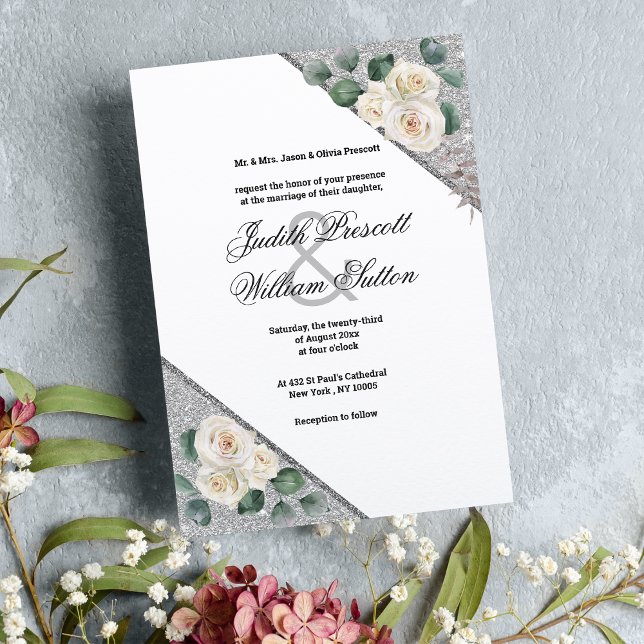 Elegant, vita grönten silver glitter blommigt bröl inbjudningar (Elegant white green silver glitter floral wedding invitation )