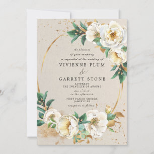 Elegant Vita Guld Ro Blommigt Bröllop Inbjudningar