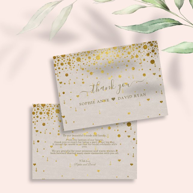 Elegant Vita läder Guld-konfetti Bröllop Tack Kort (wedding thank you, elegant trendy wedding gold thank you, modern confetti leather wedding)