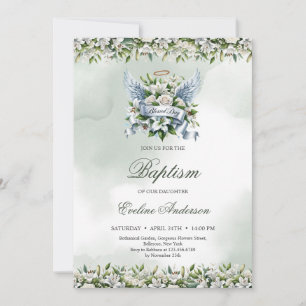 Elegant vita liljor och ro Blad Day Baptism Inbjudningar
