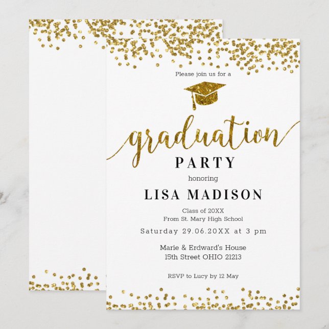 Elegant Vita och Guld Gnistra Glitter Studenten Inbjudningar (Fram/baksida)