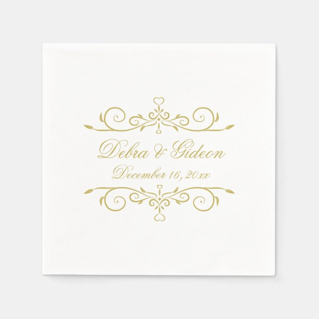Elegant Vita och Guld Hjärtblomma Bröllop Pappersservett (Framsidan)